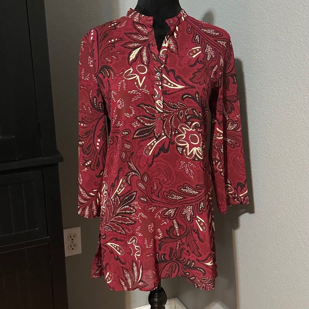 New York & Company Tunic Small Boho Floral Blouse Red‎ Paisley Casual Top